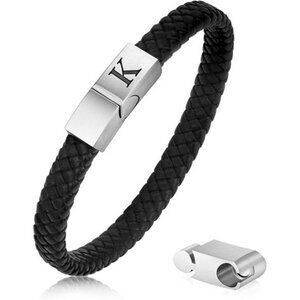 Mens Leather Bracelet Adjustable Magnetic Clasp Black Genuine Leather Gift for H